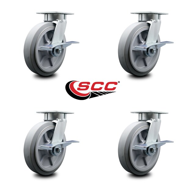 8 Inch Kingpinless Thermoplastic Rubber Wheel Swivel Caster Set with Brakes SCC